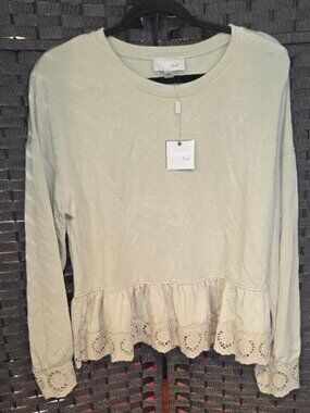 Cupio Desert Sage Green Ruffle Eyelet Hem Shirt